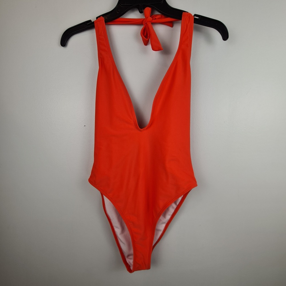 Missguided Womens Orange Deep V-Neck Halter High Cut One Piece Swimsuit Size 2